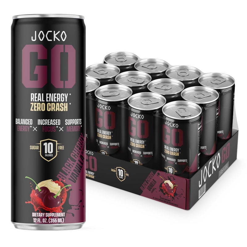 origin Jocko GO Energy Drink - Keto, Vitamin B12, Vitamin B6, Electrolytes, L Theanine, Magnesium- Energy Boost, Sugar Free Nootropic Monk Fruit Blend - 12 Pack (Black Cherry Vanilla) - Image 1